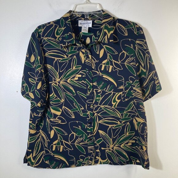 Womens Vintage Pendleton Short Sleeve Button Shirt Leave Pattern 14 Blue Green - Picture 1 of 8